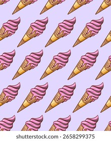 sorvete sem costura definido em um cone waffle cone com xarope rosa em um fundo lilás. close-up.Design elemento