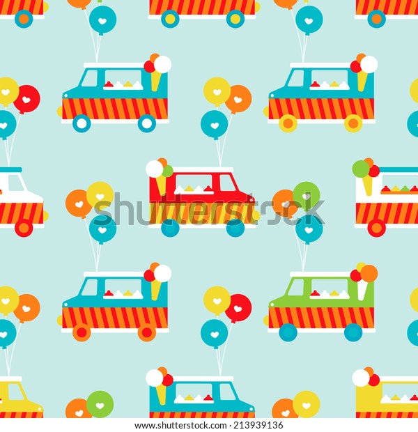 Seamless ice cream truck and balloon illustration\
background pattern in\
vector