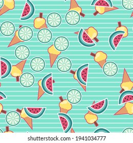 Seamless ice cream vector pattern. Repeat background with snack food slice elements. Trendy mint green fashion print design. Modern illustration.