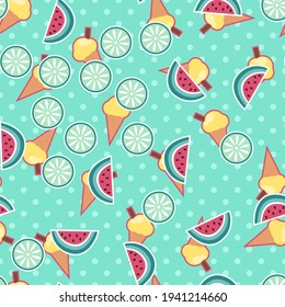 Seamless ice cream vector pattern. Repeat summer background with watermelon and lime slice elements. Trendy mint green fashion print design. Modern illustration.