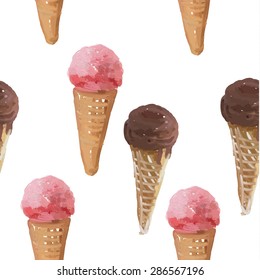 Seamless ice cream in a waffle cup pattern. 
