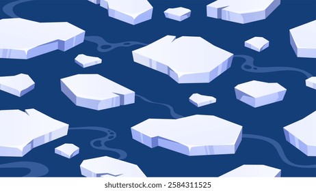 Seamless ice floes pattern. Arctic cold water with drift ice or frozen ocean background with floating glacial ice. Icy polar sea, winter cartoon vector background.