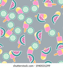 Seamless ice lolly vector pattern. Repeat lime background with food elements. Trendy summer fashion print design. Modern illustration.