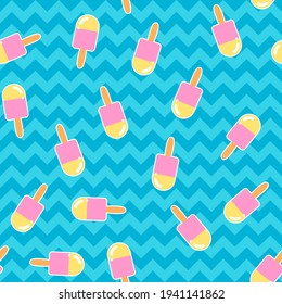 Seamless ice lolly vector pattern. Repeat background with food elements. Trendy blue chevron summer fashion print design. Modern illustration.