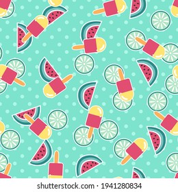 Seamless ice lolly vector pattern. Repeat summer food background with watermelon and polka dot elements. Trendy mint fashion print design. Modern illustration.