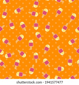 Seamless ice lolly vector pattern. Repeat summer food background with polka dot elements. Trendy orange fashion print design. Modern illustration.