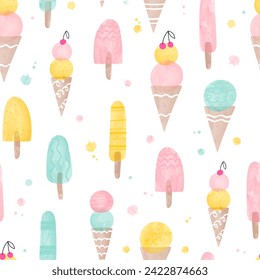 Seamless icecream pattern drawn with water colors - seamless background texture, great for summer themed fabrics, wallpapers, menus or banners. 