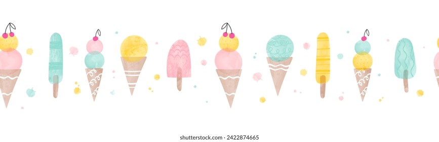 Seamless icecream pattern drawn with water colors - seamless background texture, great for summer themed fabrics, wallpapers, menus or banners. 