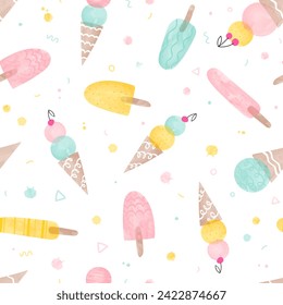 Seamless icecream pattern drawn with water colors - seamless background texture, great for summer themed fabrics, wallpapers, menus or banners. 