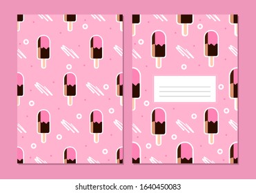 Seamless ice-cream pattern. Stationery beautiful school pink notebook for Fabric, paper, cover, web, frame – stock vector template for printing.