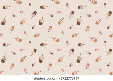 Seamless Iced Coffee Pattern with Takeaway Cups and Ice Cubes in Soft Neutral Aesthetic
