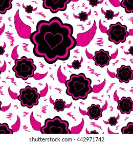 Seamless icons of winged pink hearts