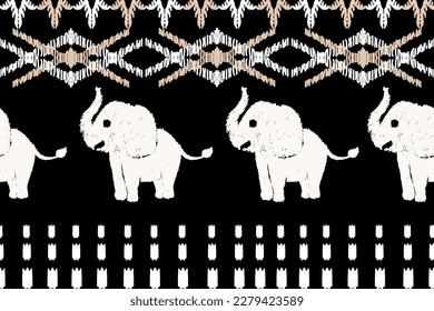 seamless ikat art abstract pattern elephant embroidery on black background aztec geometry design for rugs wallpapers clothing covers fabrics covers textiles