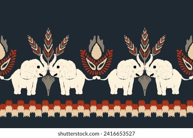 arte de ikat sin soldadura estampado abstracto bordado de elefante sobre fondo negro diseño geométrico azteca para alfombras tapicería de ropa cubiertas de telas