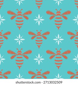 Seamless ikat bee pattern with woven-style bee motifs and a textured ikat-inspired floral design on a bright turquoise background woven bee design