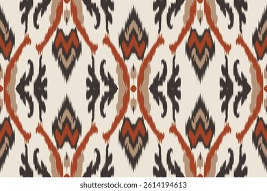 Seamless ikat border pattern with traditional floral and geometric elements in red, beige and black on a cream background. Perfect for fabric designs, ethnic decor and textile printing.