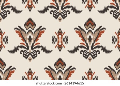 Seamless ikat border pattern with traditional floral and geometric elements in red, beige and black on a cream background. Perfect for fabric designs, ethnic decor and textile printing.