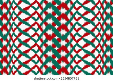 Seamless ikat Christmas color pattern. Geometric design, motif, ethnic handmade, abstract background art.Design for fabrics, textiles, packaging, wallpaper, clothing and gifts