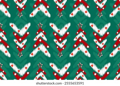 Seamless ikat Christmas tree pattern. Geometric design, motif, ethnic handmade, abstract background art.Design for fabrics, textiles, packaging, wallpaper, clothing and gifts