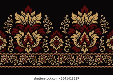 Seamless ikat damask floral pattern with gold and maroon ornamental motifs on black background, perfect for ethnic textile, abstract fabric, traditional clothing, elegant decoration illustration.