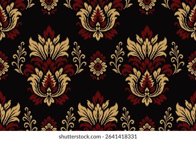 Seamless ikat damask floral pattern with gold and maroon ornamental motifs on black background, perfect for ethnic textile, abstract fabric, traditional clothing, elegant decoration illustration.