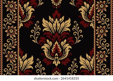 Seamless ikat damask floral pattern with gold and maroon ornamental motifs on black background, perfect for ethnic textile, abstract fabric, traditional clothing, elegant decoration illustration.