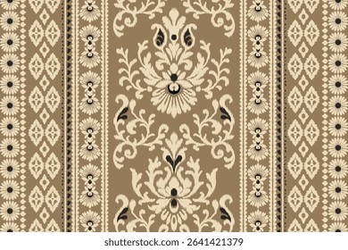 Seamless ikat damask floral pattern with embroidery texture in olive green and cream colors, traditional ethnic design for fabric, clothing, decoration, background, and abstract textile illustration.