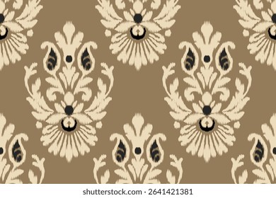 Seamless ikat damask floral pattern with embroidery texture in olive green and cream colors, traditional ethnic design for fabric, clothing, decoration, background, and abstract textile illustration.