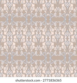 Seamless Ikat Damask Pattern with Stippled Texture in Muted Neutral Tones.Artisan Tribal Floral Vector Ornament with Distressed Feathered edges.Vintage Bohemian Surface Design for Home Decor and Luxury Wallpaper.
