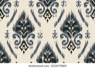 Seamless Ikat Damask Style Pattern in Blue and Beige Color Palette for Home Decor, Ethnic Textiles, Fashion Fabrics, Wallpaper, Upholstery, and Interior Design with Traditional and Modern Elements