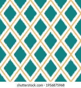 Seamless Ikat Diamond checkered Pattern. Vector Geometric Pattern with Yellow, Teal and White Colors