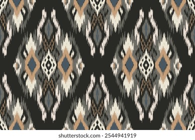 Seamless ikat embroidery with diamonds in beige, grey and black tones. Traditional Aztec geometric art ornament. Perfect for drapes, wallpapers, wrapping paper, fabrics and clothing.