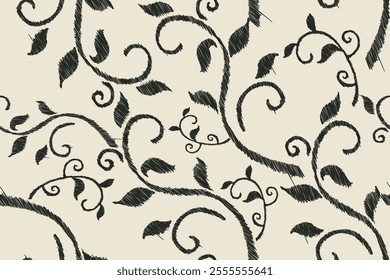 Seamless ikat embroidery pattern with black swirls and leaves on a beige background. Perfect for textile design, wallpaper, gift wrapping paper.