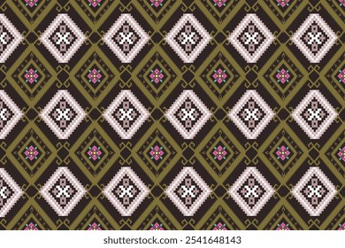 Seamless ikat embroidery pattern in brown, white geometric shapes. Brown background, illustration, vector, design.