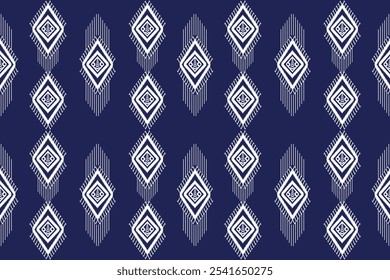 Seamless ikat embroidery pattern in brown, white geometric shapes. Blue background, illustration, vector, design.