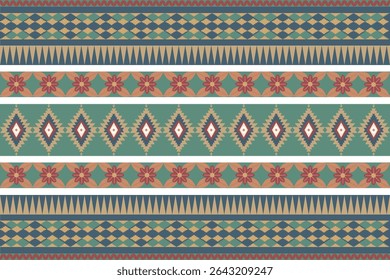 Seamless Ikat ethnic patterns in horizontal stripes, perfect for textile, fashion design, fabric printing, and home decor. Inspired by traditional weaving with modern color twist Ideal for background