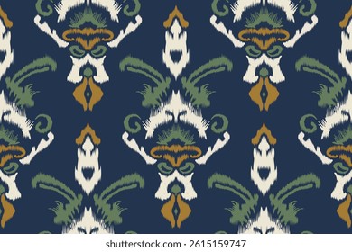 Seamless Ikat Fabric Pattern, Blue Background and Ethnic Shapes Decorated with Green, White and Gold for Textiles, Fashion Prints, Interior Design, Wallpaper and Fabric Design.