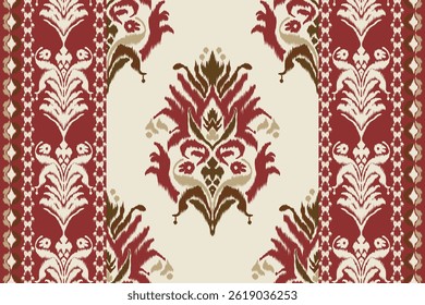 Seamless ikat fabric pattern with burgundy red ornamental motifs. Traditional ethnic design. Perfect for fabric, wallpaper, fashion background and vintage art.