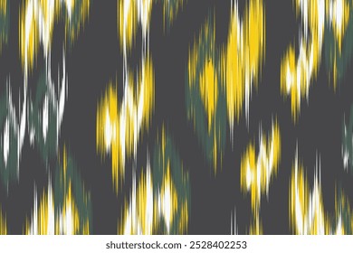 Seamless Ikat fabric pattern with dark background and abstract yellow, white and green stripes. Perfect for textiles, fashion, wallpaper, bohemian home decor and tribal prints.