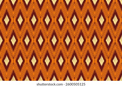 Seamless Ikat fabric pattern, seamless diamond grid, yellow and orange diamond frame on brown background.
