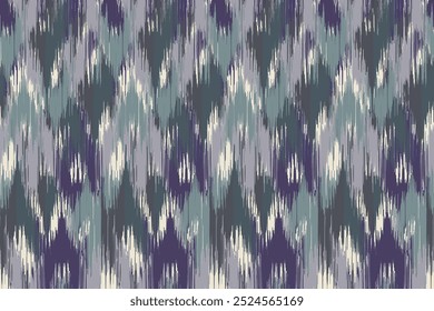 Seamless Ikat fabric pattern with geometric ethnic tribal motifs, perfect for wallpaper, bohemian art and traditional abstract backgrounds.