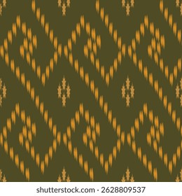 Seamless Ikat fabric pattern with gold pattern on light green background