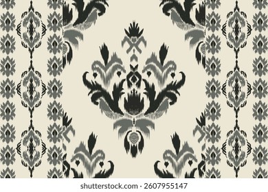 Seamless Ikat fabric pattern in grey and black tones with floral patterns. Suitable for fabric, wallpaper, carpet, gift wrapping paper, home decor, fashion and crafts.