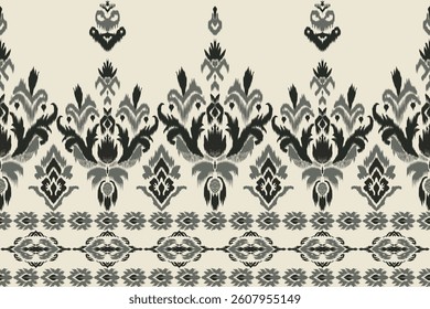 Seamless Ikat fabric pattern in grey and black tones with floral patterns. Suitable for fabric, wallpaper, carpet, gift wrapping paper, home decor, fashion and crafts.