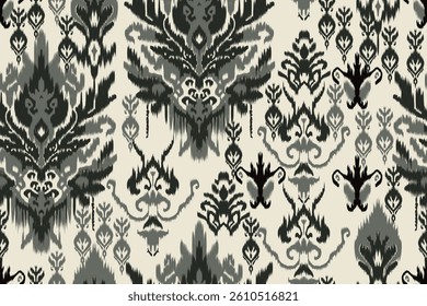 Seamless Ikat Fabric Pattern with Native Textile Motifs in Green and Black. Traditional Abstract Tribal Fabric Pattern for Wallpaper, Fashion, Home Decor.