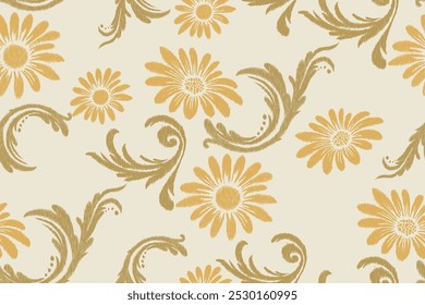 Seamless Ikat Floral Damask Pattern with Yellow and Gold Flowers on Cream Background. Traditional Fabric Design for Wallpaper, Cushions and Home Decor.