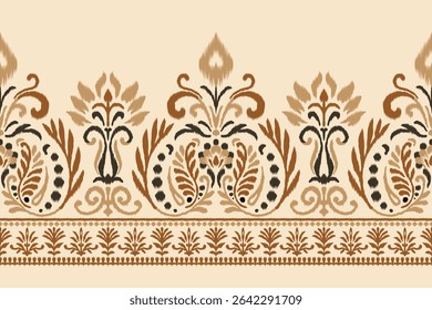 Seamless ikat floral damask pattern in beige and brown with embroidery-inspired ethnic design, perfect for traditional textile illustration, fabric texture, clothing, and decorative decoration.