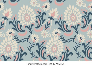 Seamless ikat floral embroidery border pattern in pastel mint green, pink, and navy tones with ethnic damask textile style, ideal for traditional fabric, clothing decoration, and illustration texture.