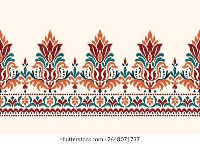 Padrão de borda floral de ikat sem costura com damasco design têxtil tradicional étnico em tons de laranja verde vermelho para decoração de tecido de roupas ilustração abstrata e textura de superfície.
