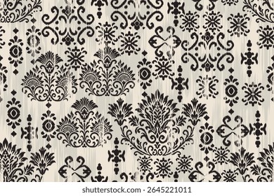 Seamless ikat floral pattern with damask embroidery in ethnic traditional style, black and white abstract texture illustration for textile, fabric, clothing, wallpaper, and decoration.